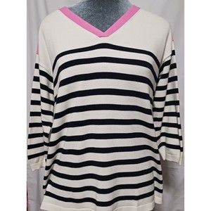 Talbots Ladies Pink/Black Striped Pullover 3/4 Sleeve Sweater Size M NWOT